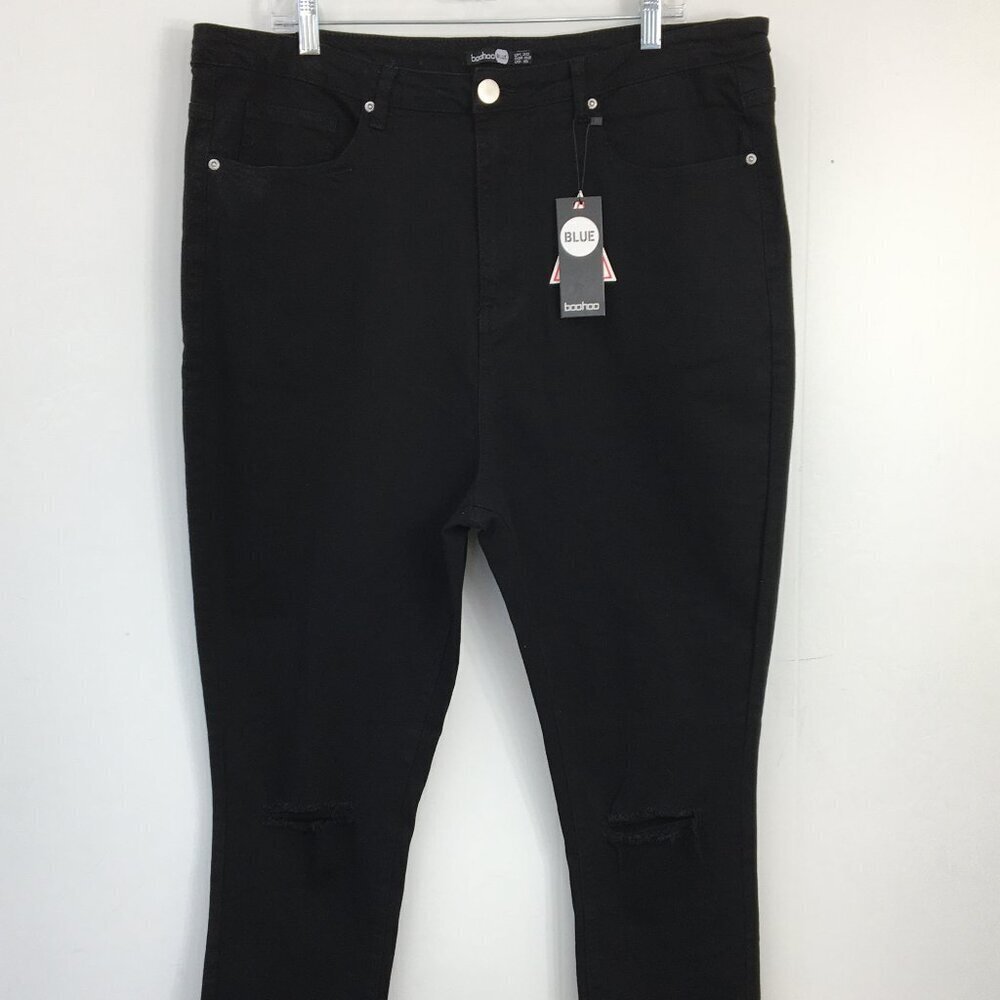 Boohoo Blue High Rise Distressed Black Jeans Size 16 NEW With Tags